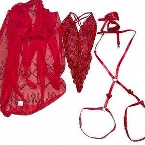 Red Lace Chemise & Strappy Harness Set - Women's Intimates
